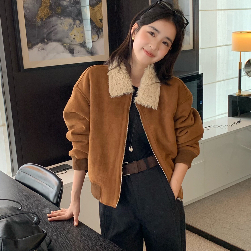 ONION-款翻领休闲好穿仿皮毛一体夹克外套加厚加绒短外套