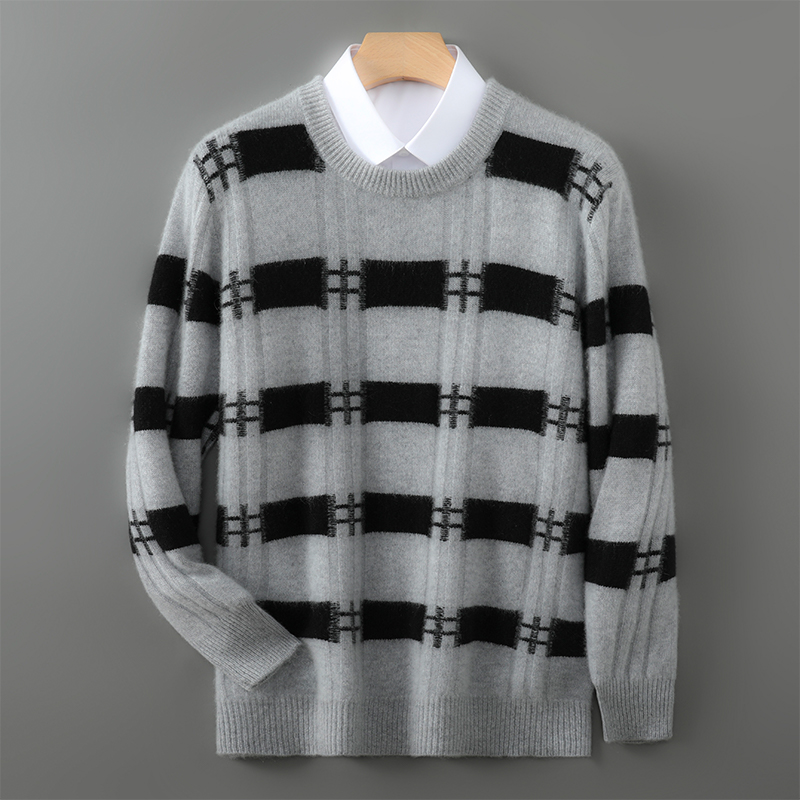 秋冬圆领条纹拼色100%纯羊毛衫男加厚套头毛衣宽松针织羊绒衫打底