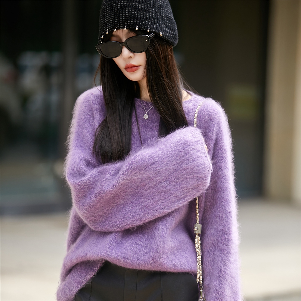 韩系花纱羊毛拉绒宽松慵懒毛衣女2025新款法式无缝一体拉毛羊毛衫