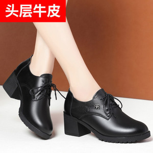 春秋真皮单鞋女2023年新款中跟系带小皮鞋深口粗跟不累脚女鞋软底