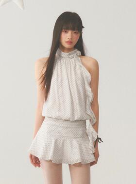 weekendhub挂脖连衣裙女夏季无袖短裙法式辣妹设计感气质波点裙子