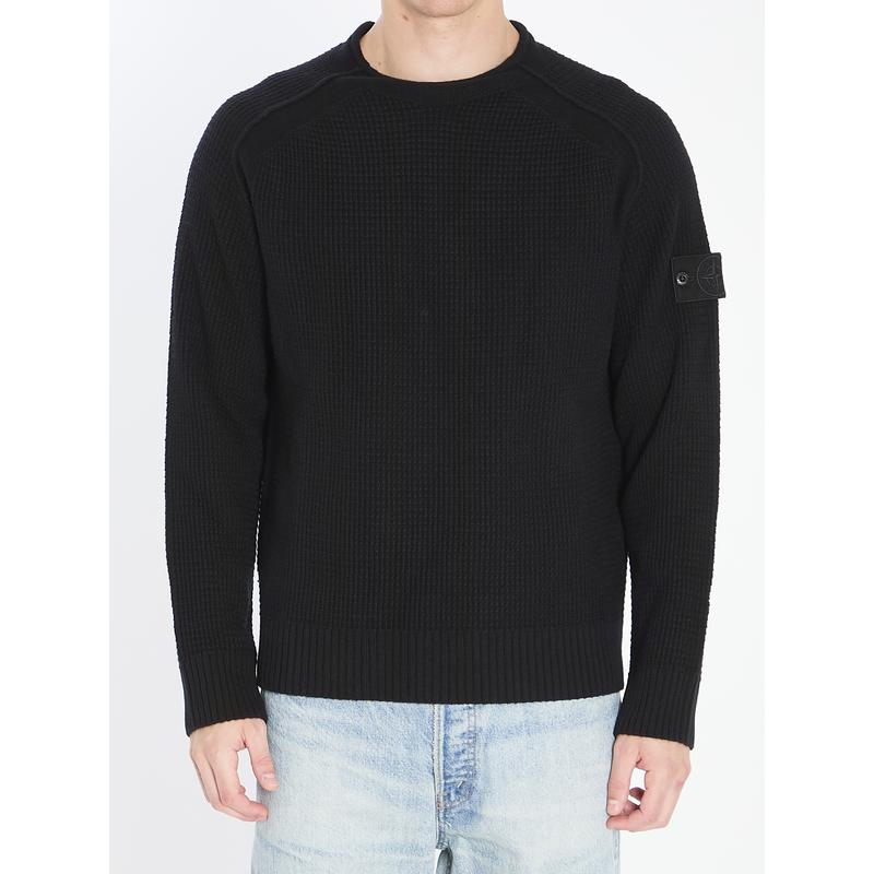 STONE ISLAND针织衫男士保暖透气抗静电纯羊毛圆领螺纹设计黑色