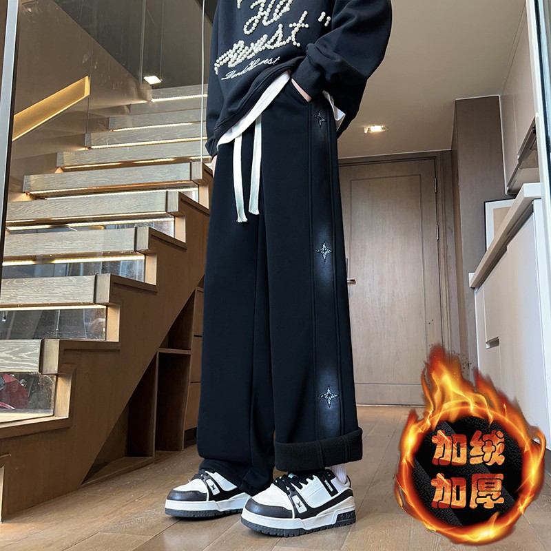 以纯青少年加绒宽松阔腿卫裤男款