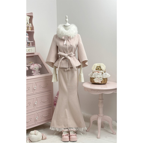 少女椰子千金系绒雪恋曲冬季针织上衣+毛呢短外套+鱼尾裙套装