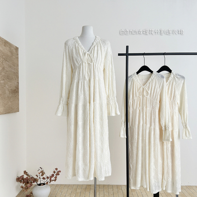 外卖到了 月下风铃 ju仙!白色加绒提花分割连衣裙褶皱收腰长裙