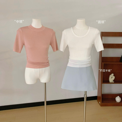 csk丘比特“茉莉针织Tee”桑蚕丝羊毛高智静奢短袖a字裙裤两件套