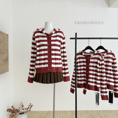 BZXO牛角扣条纹麻花毛衣女秋冬新款宽松显瘦休闲百搭针织开衫外套