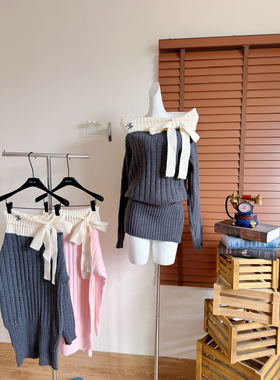 Moster Timnothy原创一字肩蝴蝶结厚款连衣裙氛围感针织长袖毛衣