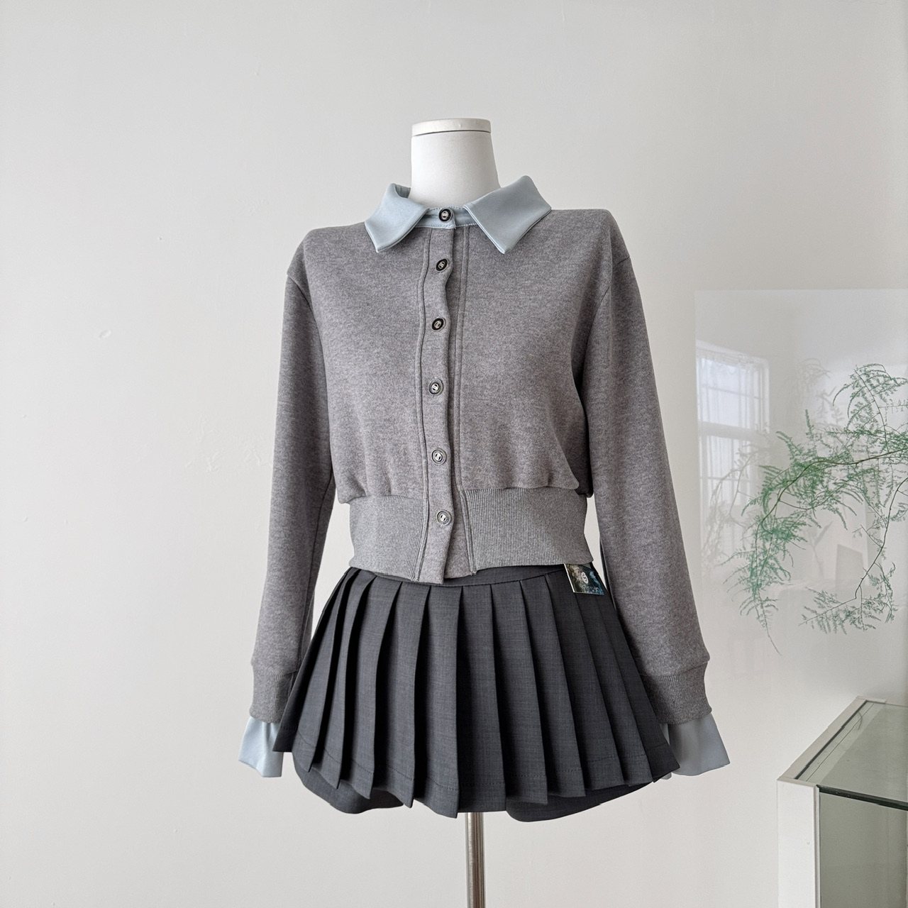 avenement/撞色翻领假两件针织衫外套千金学院风长袖上衣+裙裤