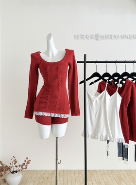 Rase le sol‘Christmas Praise’绞花毛衣蕾丝吊带针织短裤套装