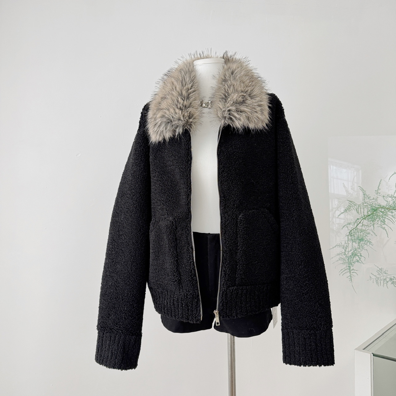 CEEYOU 定染毛领小颗粒羊羔毛外套冬黑色毛毛冬装2025新品