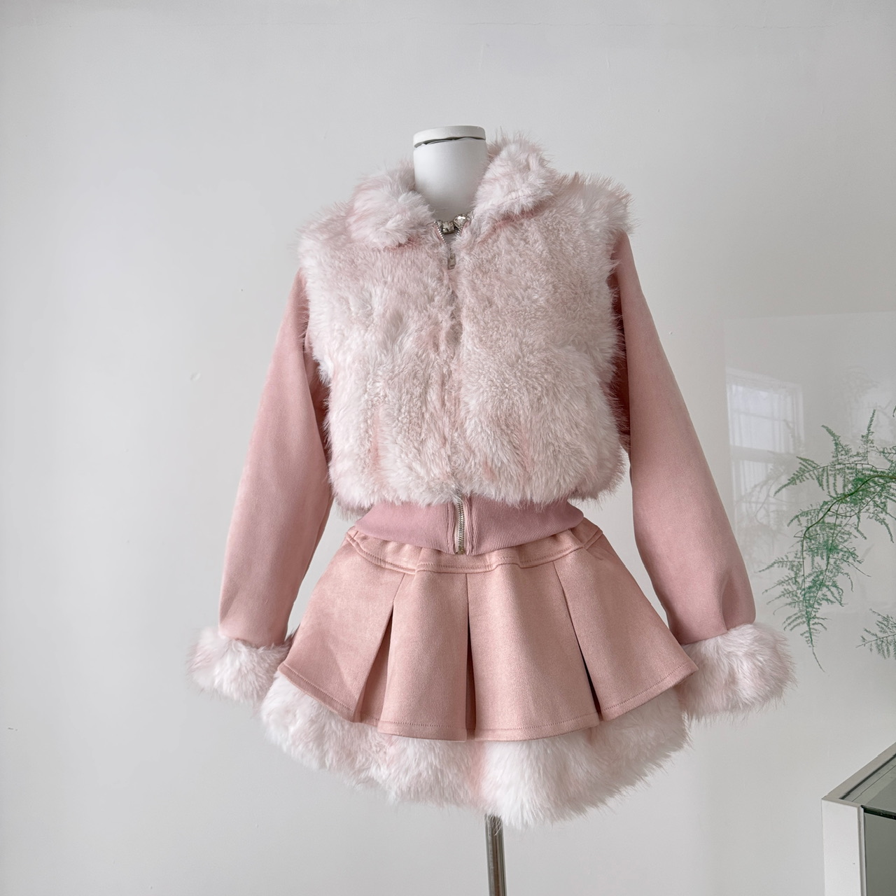 S胡萝卜两件套麂皮绒拼草草裙套装冬季新款女生韩系ins衣服