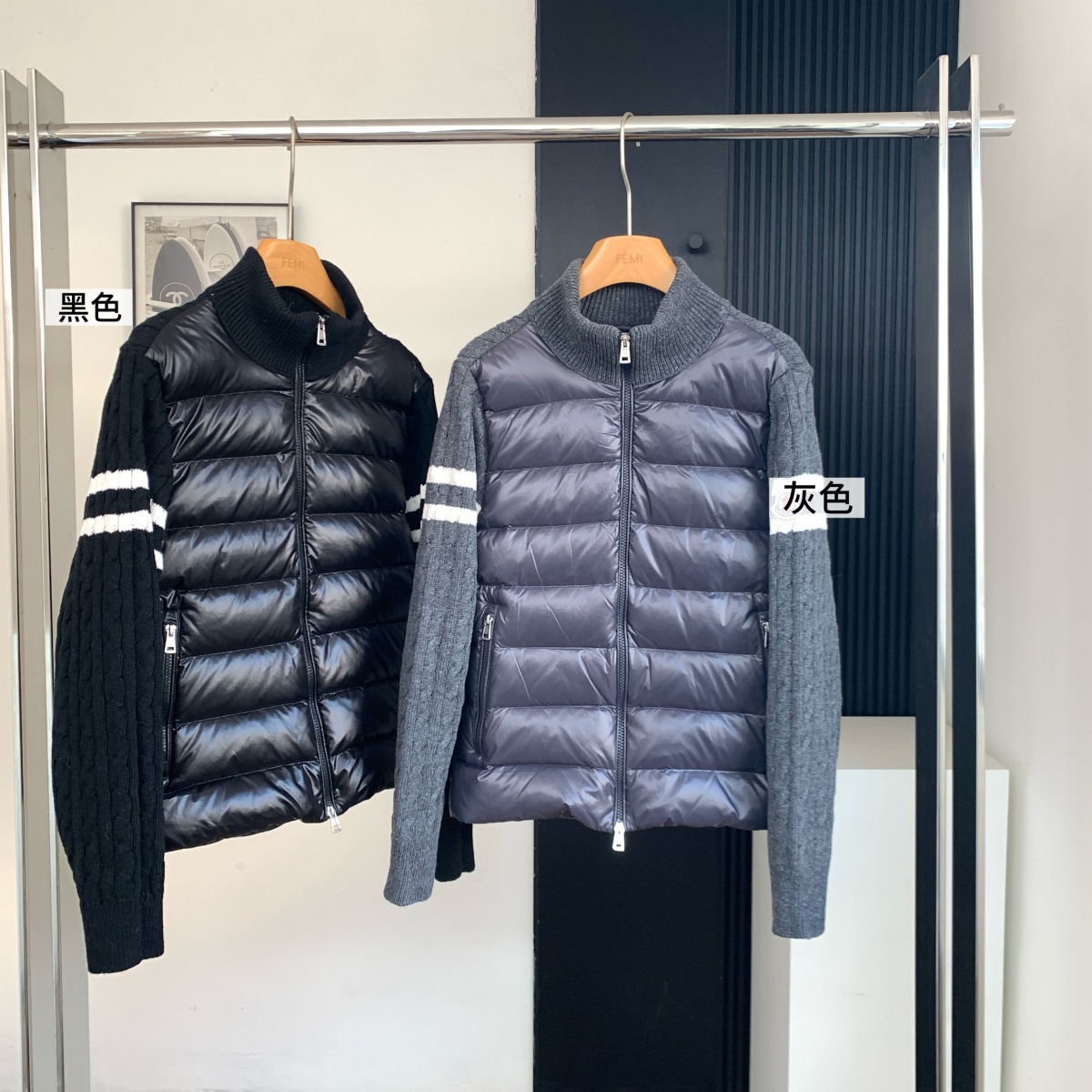 地球店灰色Mon*ler90白鸭绒拼接设计羽绒服女冬轻盈保暖休闲外套