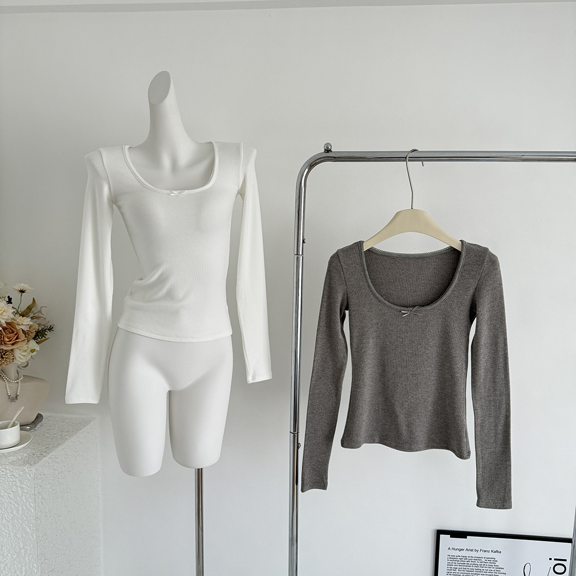 珍珍家纯欲又温柔小U领双面磨毛上衣蝴蝶结打底T高弹百搭新款内搭