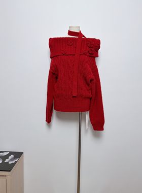 新年款umoumo乌蘑原ntot红色一字肩针织衫绞花漏肩套头毛衣