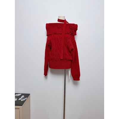 新年款umoumo乌蘑原ntot红色一字肩针织衫绞花漏肩套头毛衣