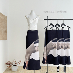 0122stepll 艺术家灵感 黑色印花半身裙女辣妹修身后开叉包臀长裙