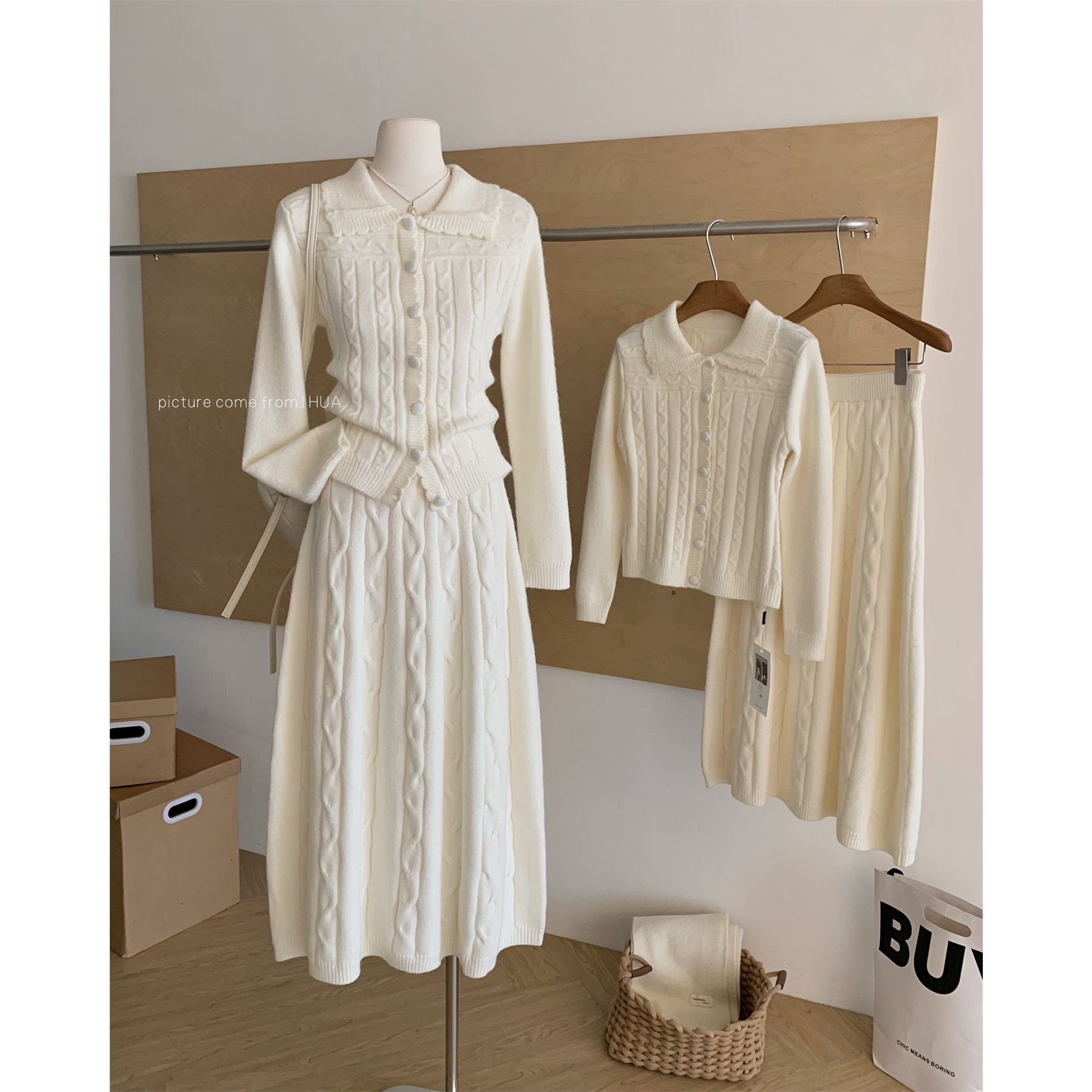 迟伞伞25fw 绒感围炉 乳白翻领麻花针织开衫上衣长裙气质套装