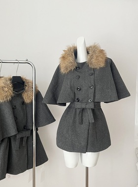 DOLL原创-恋恋日记-真貉子毛领深灰色呢大衣女冬季千金风外套