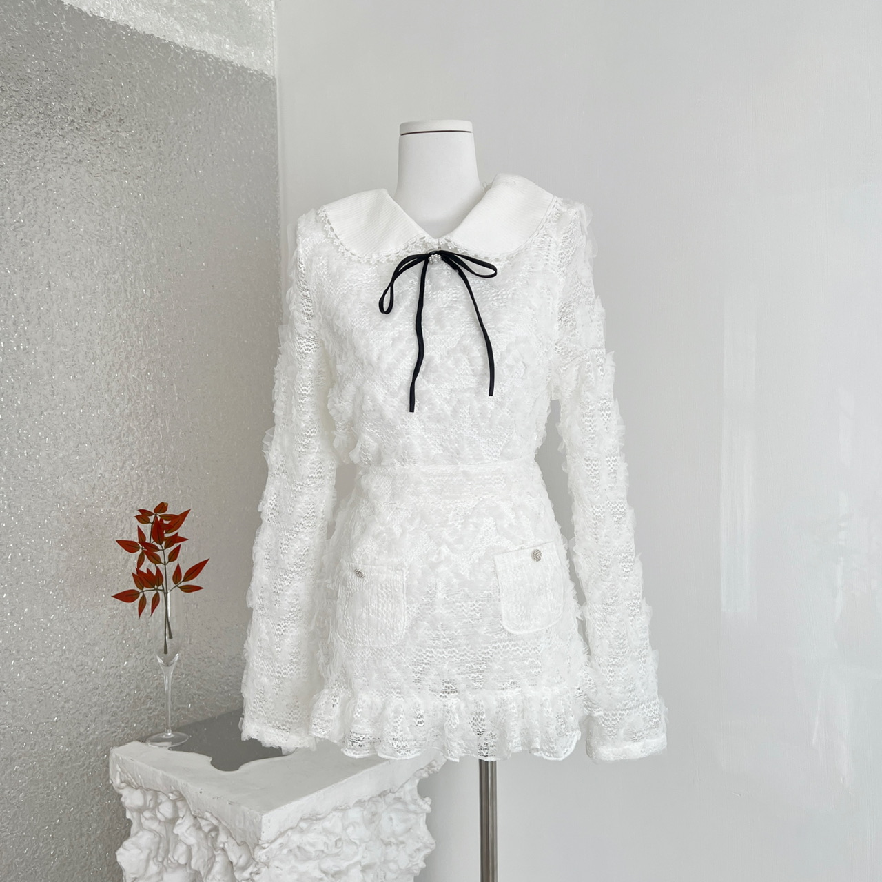 迟伞伞25/fw Cedar雪松星 jor*a蕾丝花边针织领上衣半裙气质套装