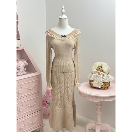 Lazy Didi曼妙织物 北极绒收腰毛衣鱼尾裙花边针织上衣显瘦半身裙