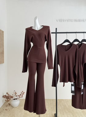 李予诺MPBY动态300G德绒磨毛工艺时尚套装V领针织衫微喇长裤