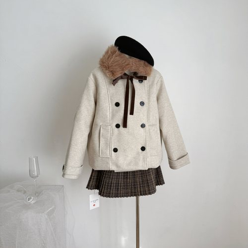 THETURE巧克力恋人毛呢外套女短款上衣2025秋冬呢子双排扣大衣