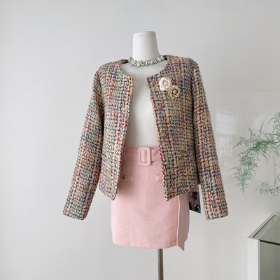 Barb Chill花色小香风短外套女秋冬套装夹棉羊毛粗花呢上衣千金风