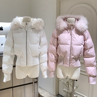 小海鸥同款粉色白色修身短款大毛领棉服女2025冬季新款连帽外套