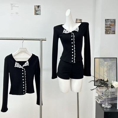 JMSHOP 兰斯艺术生 蕾丝拼接针织衫女设计感秋冬内搭长袖上衣