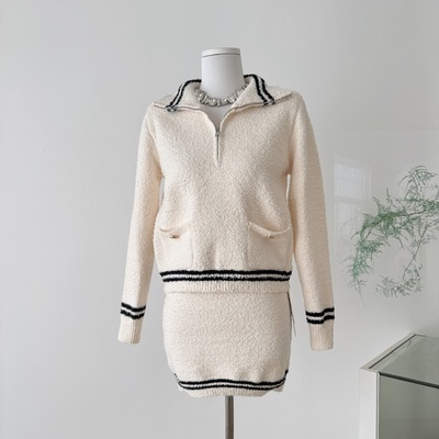 迟伞伞25/fw 二世谷雪道 小香25n滑雪系列海军针织上衣半裙套装