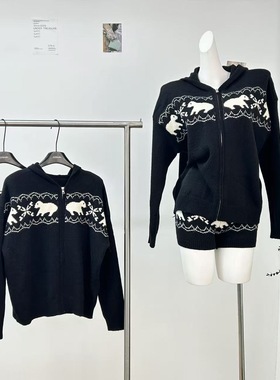 韩好甜WARDEN EDGE 黑色费尔岛连帽毛衣女冬修身显瘦针织开衫外套