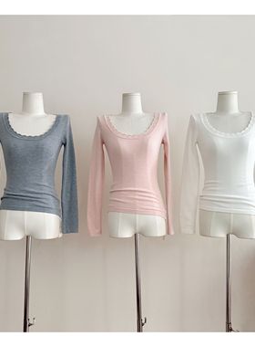 Suuuicee 甜氧捕手 拼接花边修身大圆领羊毛打底衫女针织内搭上衣