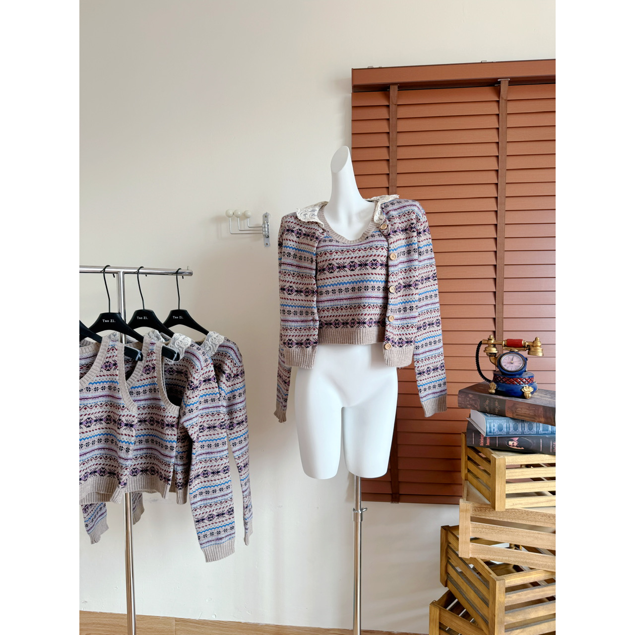 Wuu2sweet吴太甜 费尔岛羊毛提花针织开衫早秋内搭打底上衣两件套