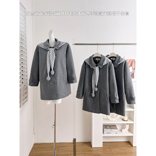 PtonUmi 波点艺术家 翻领双排扣毛呢大衣女冬中长款夹棉呢子外套