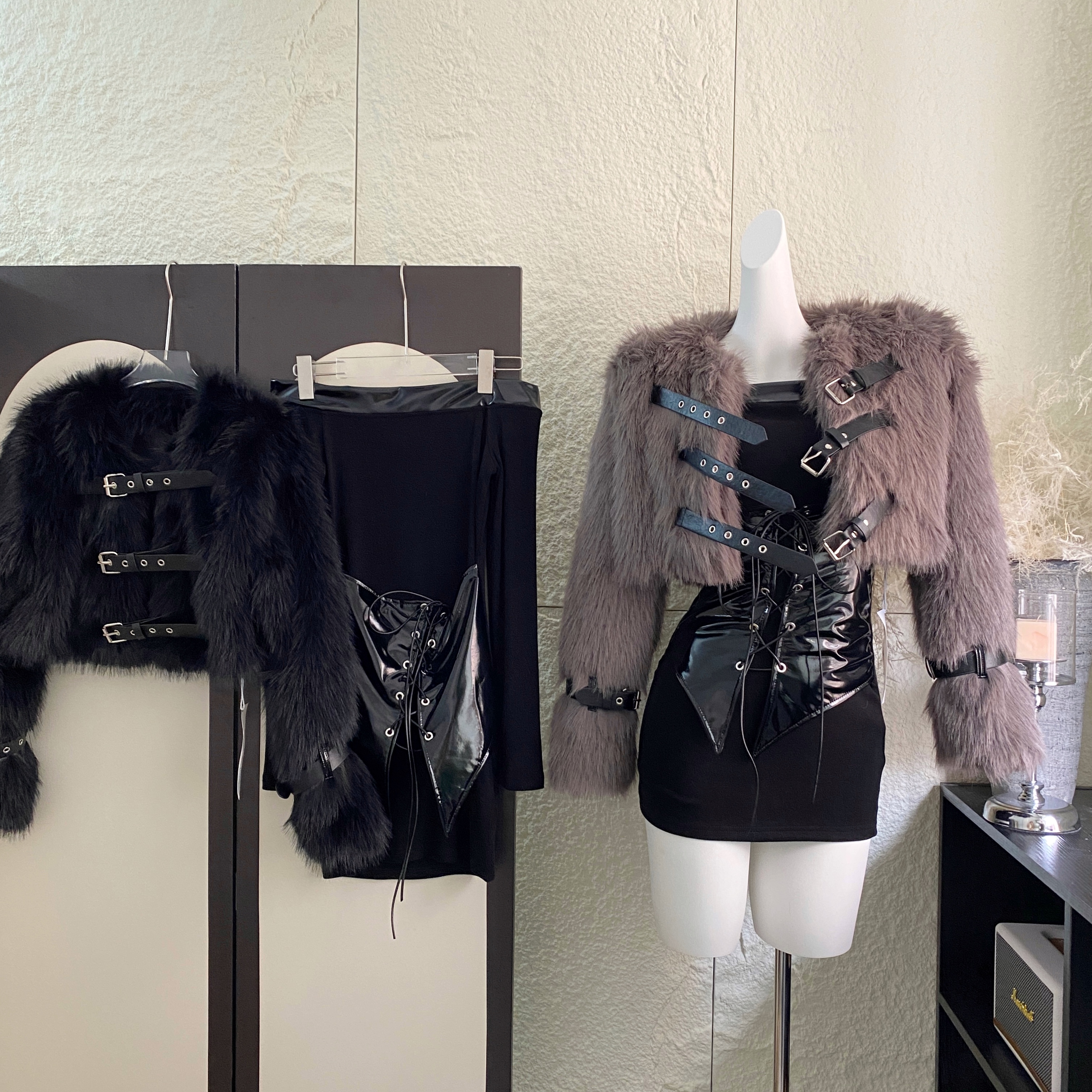 34ounce气质环保皮草皮带设计挂霜夹棉短款显瘦毛绒外套套装秋冬