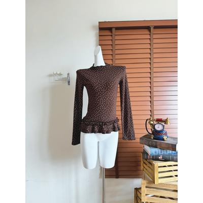 PtonUmi 榛野花房 棕色碎花打底衫上衣女秋冬半高领显瘦叠穿内搭