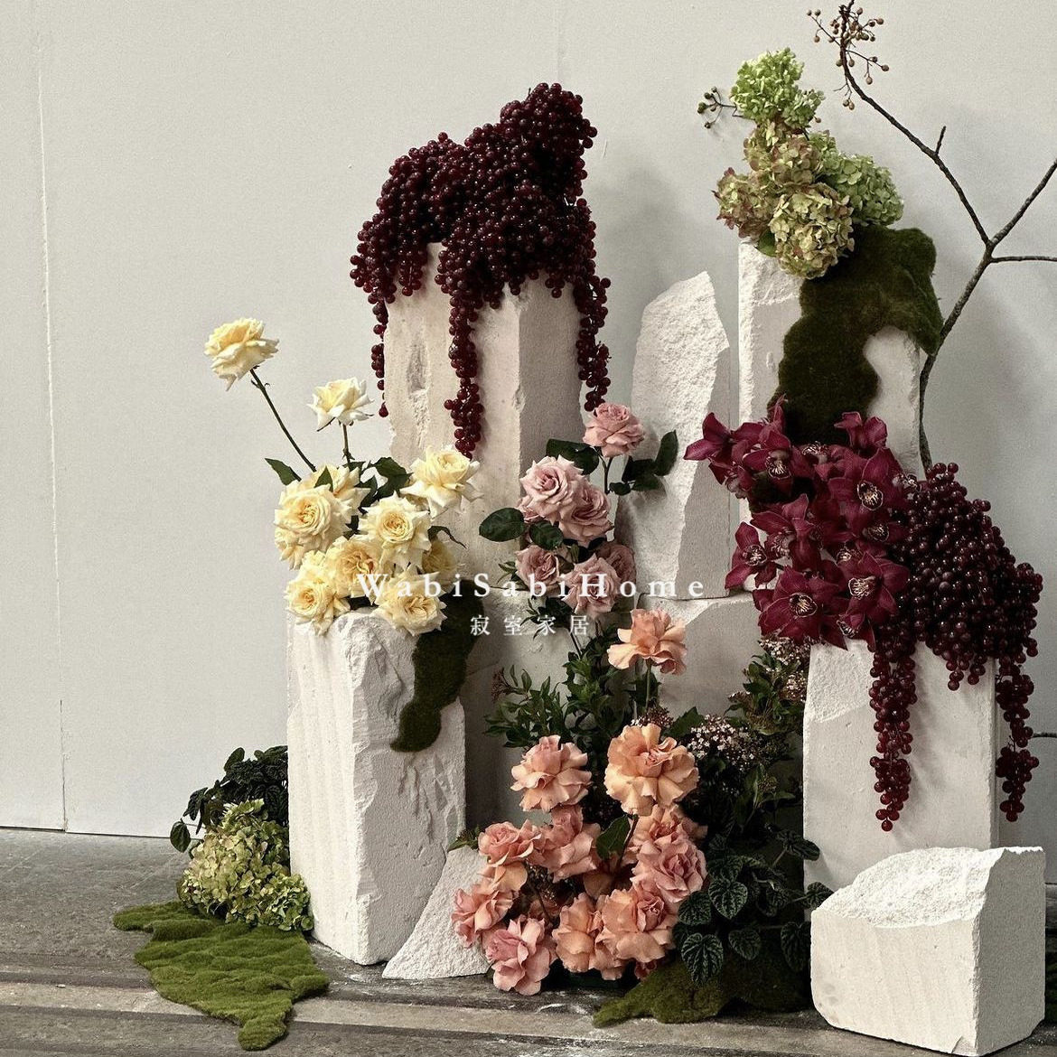 INS轻奢天然黄洞石大理石头别墅装饰摆件角几雕塑展示台立柱墩子