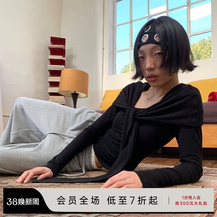 JCAESAR WOMEN 系带打底衫 弹力亲肤 披肩打结设计 修身长袖