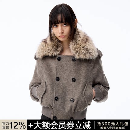 JCAESAR WOMEN 可拆卸毛领双排扣短款呢大衣 奥地利羊毛混纺外套