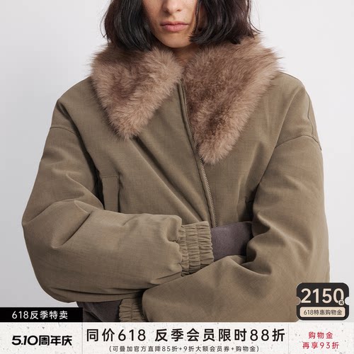 JCAESAR WOMEN 皮草毛领做旧羽绒服外套 90白鸭绒 宽版羽绒短夹克
