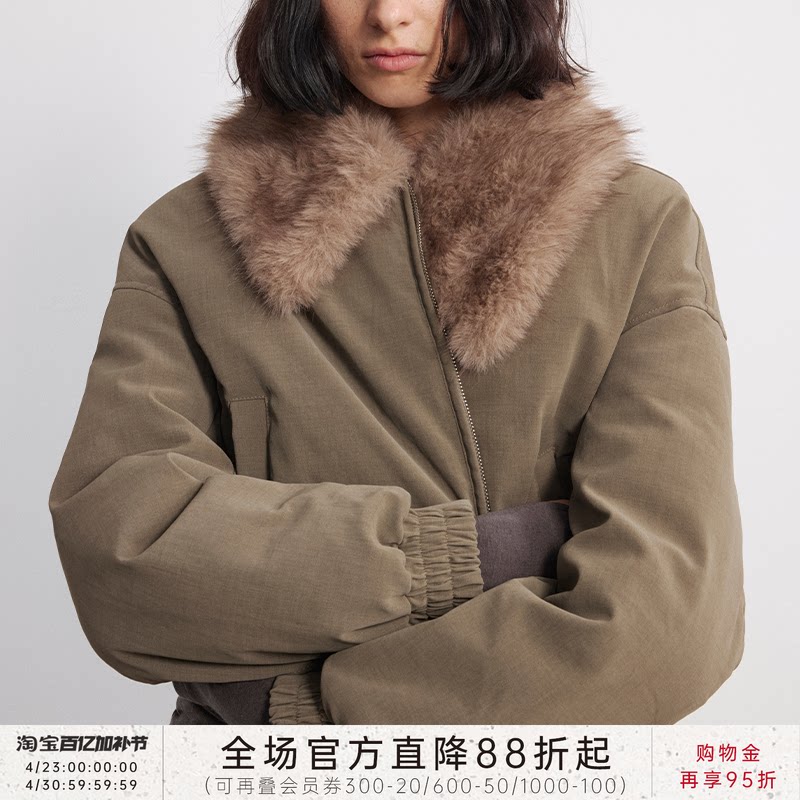 JCAESAR WOMEN 皮草毛领做旧羽绒服外套 90白鸭绒 宽版羽绒短夹克