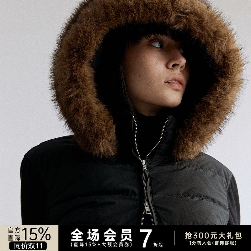 JCAESAR WOMEN 毛领螺纹袖排骨短款羽绒服外套 90白鸭绒 可拆卸帽