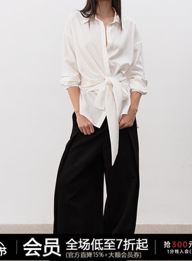 JCAESAR WOMEN 纽结系带白衬衫 亚麻天丝混纺  可调节扭结设计