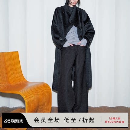 JCAESAR WOMEN 斜领系带长款双面呢大衣 羊毛混纺 宽松羊毛外套冬