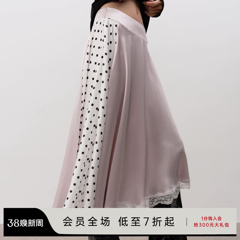 JCAESAR WOMEN 波点拼接蕾丝长裙 缎光面料 侧双拉链 可翻腰头