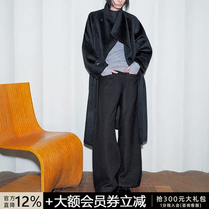 JCAESAR WOMEN 斜领系带长款双面呢大衣 羊毛混纺 宽松羊毛外套冬