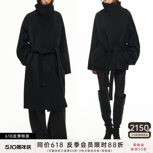 JCAESAR WOMEN 斜拉链系带中长款呢大衣 高克重澳毛 宽松羊毛外套