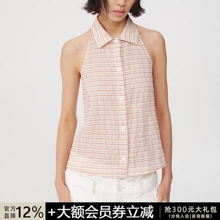 JCAESAR SLEEVELESS SHIRT条纹挂脖无袖衬衫 抽褶设计 修饰背部线