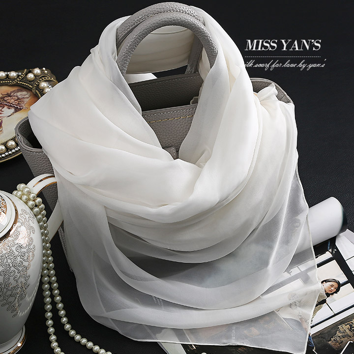杭妍纯白色真丝丝巾披肩纱巾女100%桑蚕丝长款围巾春秋冬夏季防晒